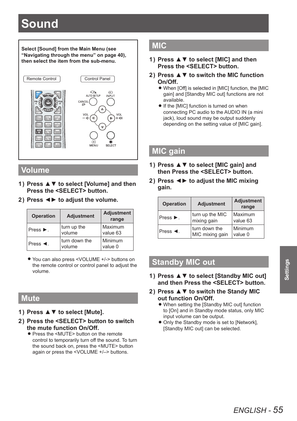 Sound, Volume, Mute | Mic gain, Standby mic out, Volume mute mic mic gain standby mic out, English | Panasonic PT VX400NTU User Manual | Page 55 / 86