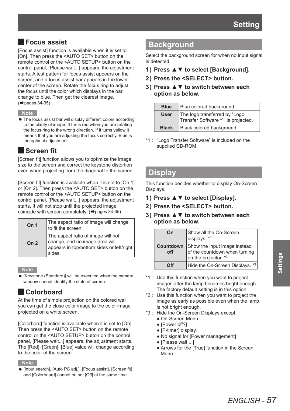 Background, Display, Background display | Setting, English, Focus assist, Screen fit, Colorboard | Panasonic PT VX400NTU User Manual | Page 57 / 86