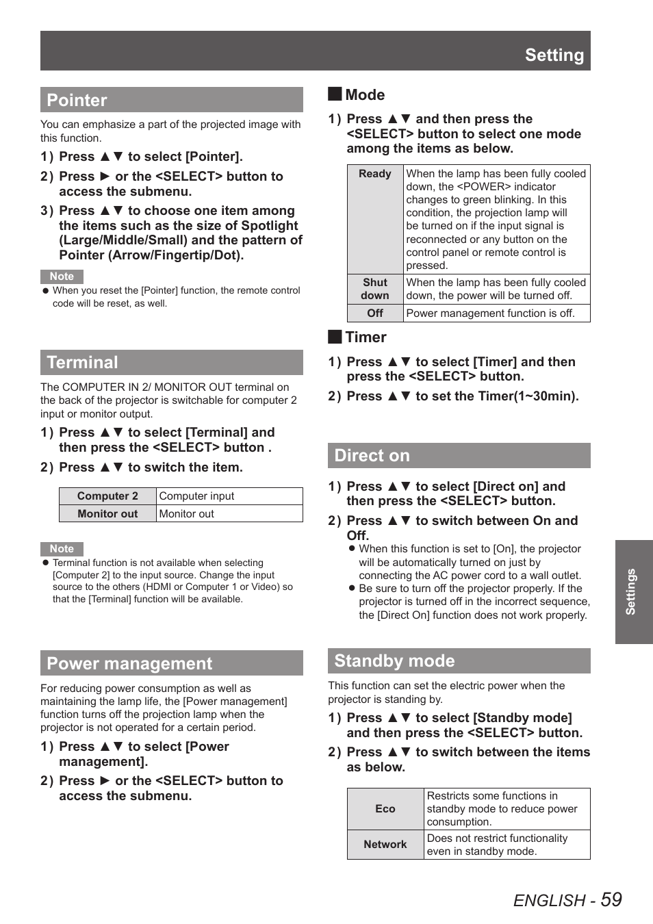 Pointer, Terminal, Power management | Direct on, Standby mode, Pointer terminal power management, Direct on standby mode, Setting, English, Mode | Panasonic PT VX400NTU User Manual | Page 59 / 86