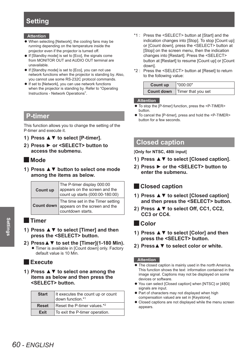 P-timer, Closed caption, P-timer closed caption | Setting, English, Mode, Timer, Execute, Color | Panasonic PT VX400NTU User Manual | Page 60 / 86