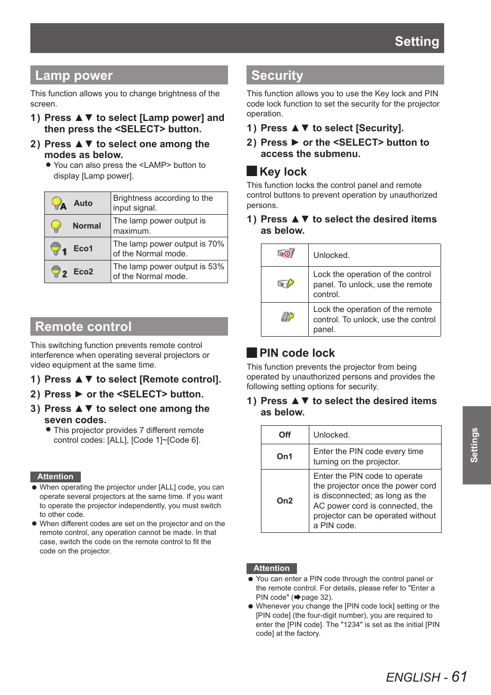 Lamp power, Remote control, Security | Lamp power remote control security, Setting lamp power, English, Key lock, Pin code lock | Panasonic PT VX400NTU User Manual | Page 61 / 86