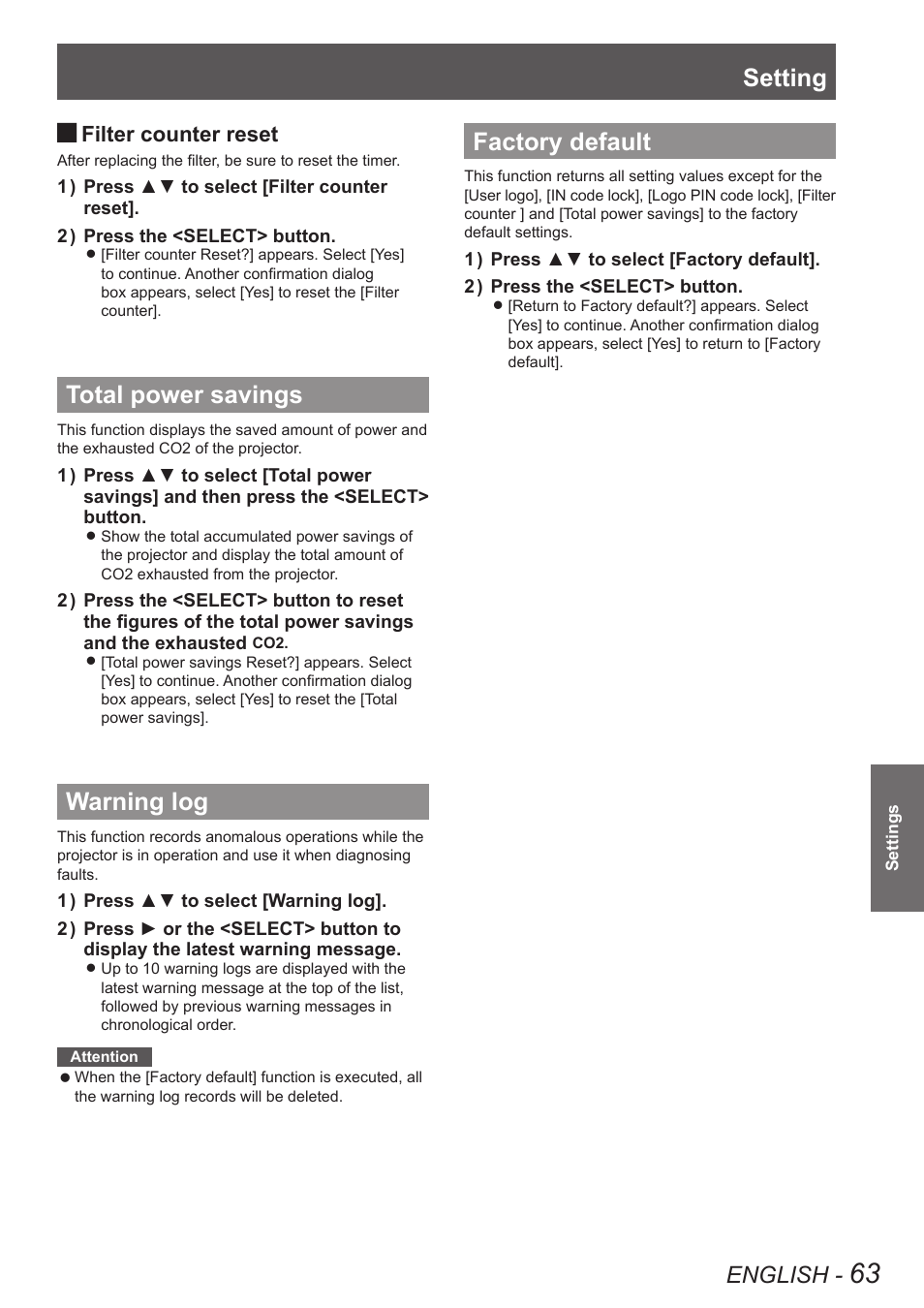 Total power savings, Warning log, Factory default | Total power savings warning log factory default, Setting, English, Filter counter reset | Panasonic PT VX400NTU User Manual | Page 63 / 86