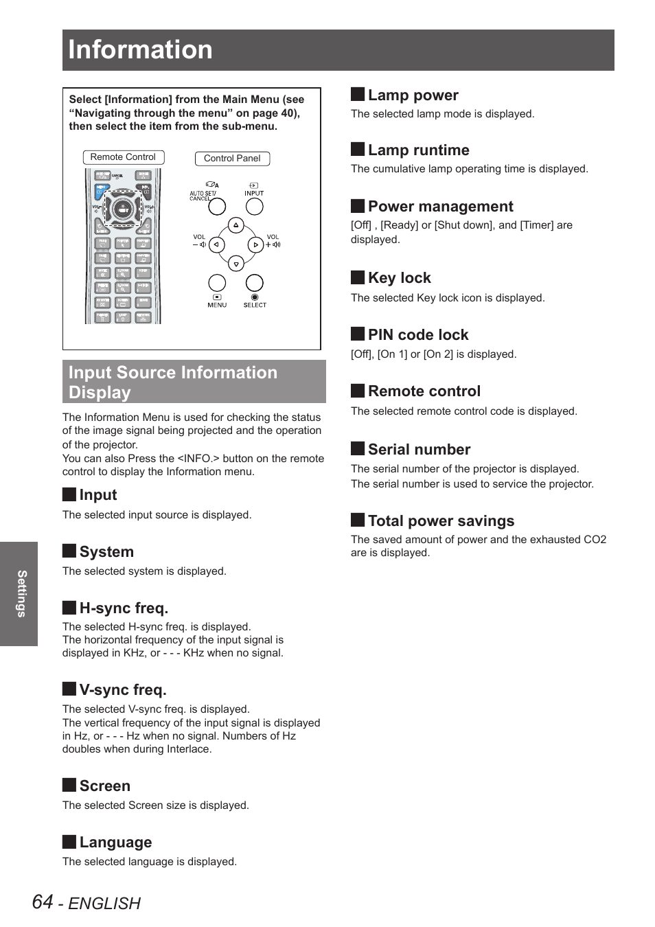 Information, Input source information display, English | Panasonic PT VX400NTU User Manual | Page 64 / 86