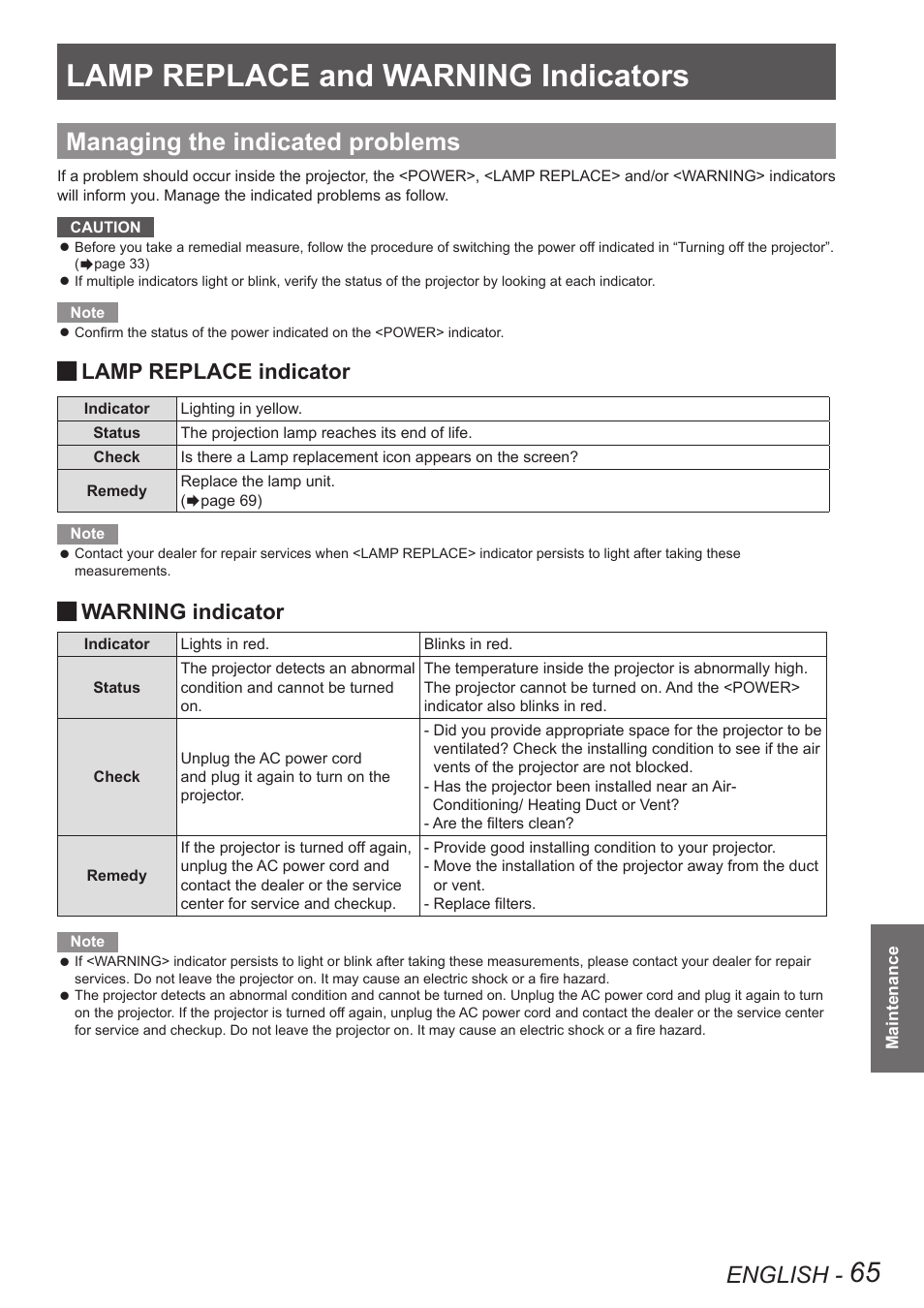 Maintenance, Lamp replace and warning indicators, Managing the indicated problems | Lamp replace and warning, Indicators, English, Lamp replace indicator, Warning indicator | Panasonic PT VX400NTU User Manual | Page 65 / 86