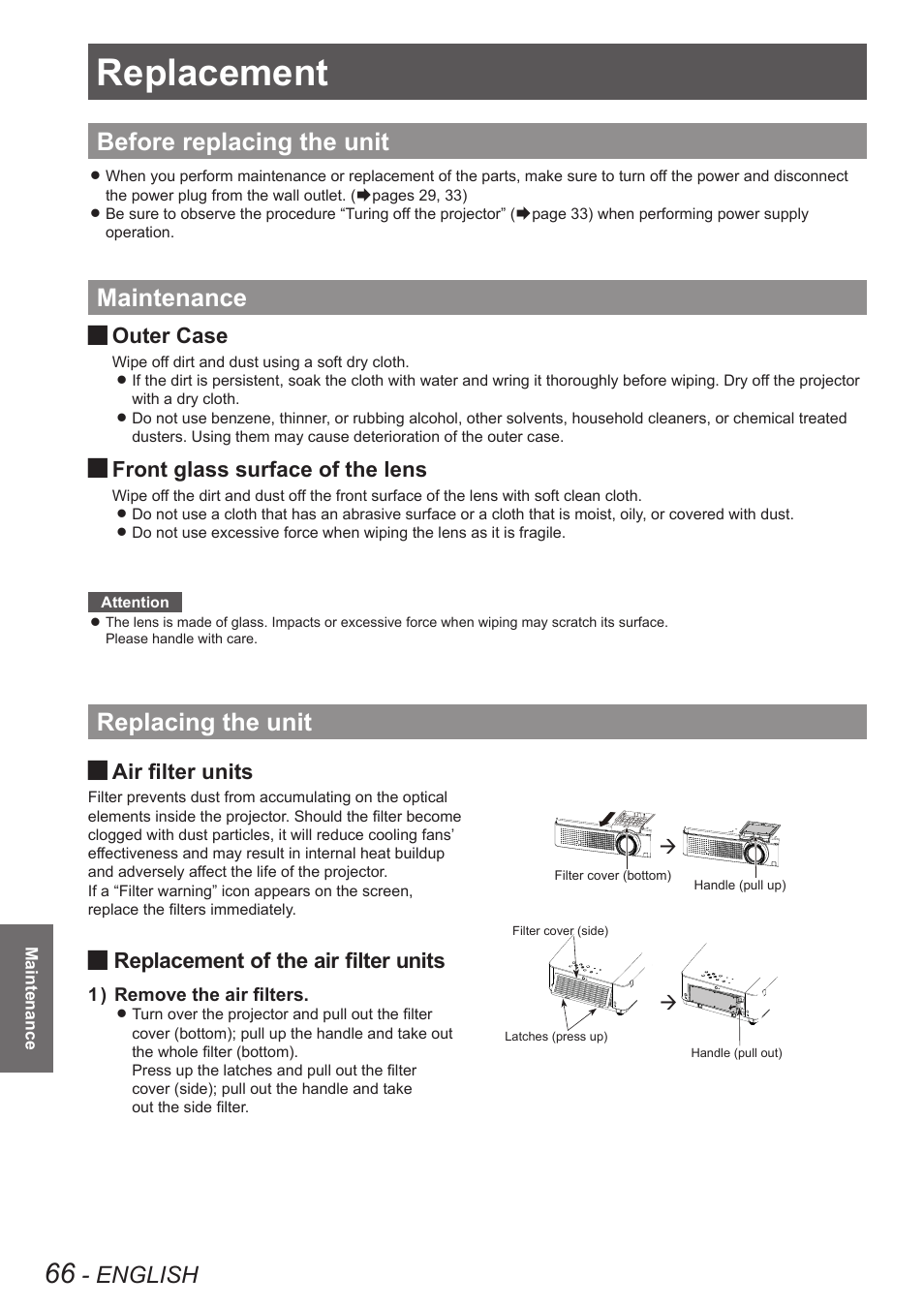 Replacement, Before replacing the unit, Maintenance | Replacing the unit, English, Outer case, Front glass surface of the lens, Air filter units, Replacement of the air filter units | Panasonic PT VX400NTU User Manual | Page 66 / 86