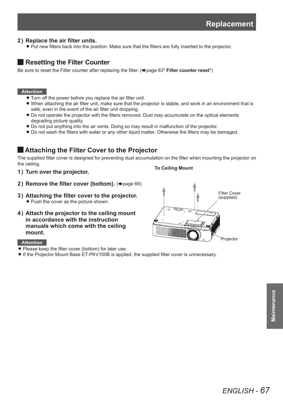 Replacement, English, Resetting the filter counter | Attaching the filter cover to the projector | Panasonic PT VX400NTU User Manual | Page 67 / 86