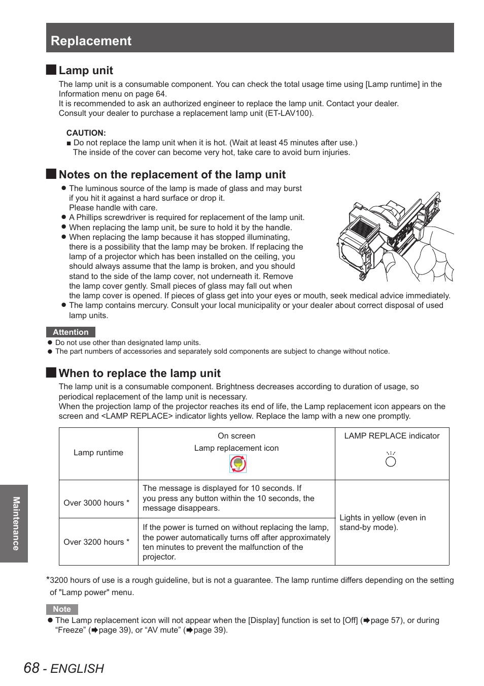 Replacement, English, Lamp unit | When to replace the lamp unit | Panasonic PT VX400NTU User Manual | Page 68 / 86