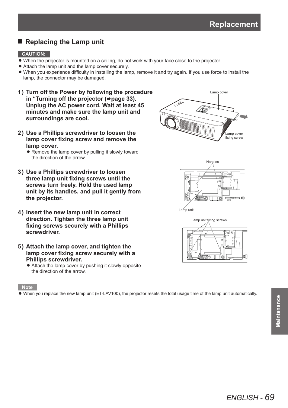 Replacement, English, Replacing the lamp unit | Panasonic PT VX400NTU User Manual | Page 69 / 86