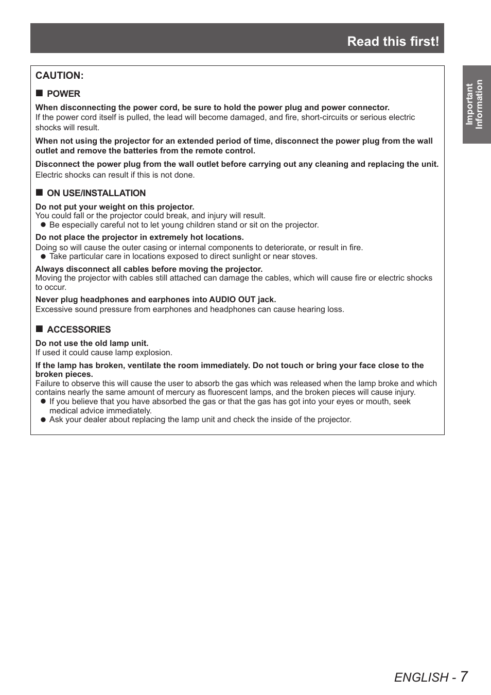 Read this first, English | Panasonic PT VX400NTU User Manual | Page 7 / 86