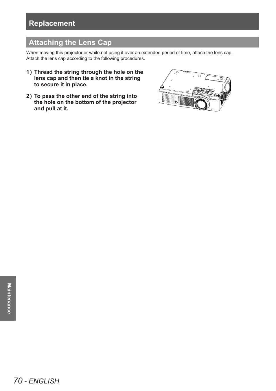 Attaching the lens cap, Replacement, English | Panasonic PT VX400NTU User Manual | Page 70 / 86