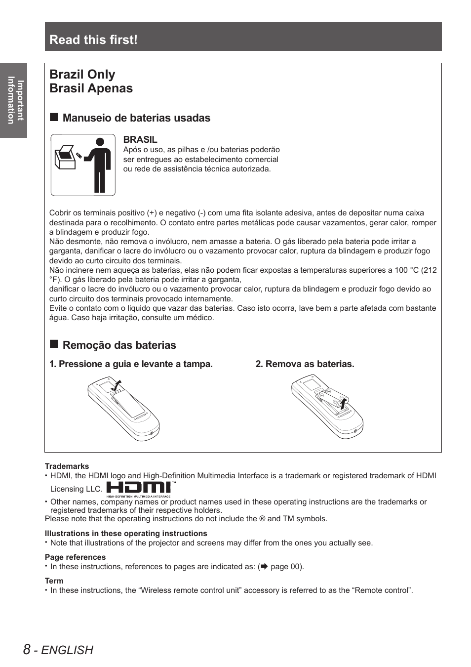 Read this first, Brazil only brasil apenas, English | Manuseio de baterias usadas, Remoção das baterias | Panasonic PT VX400NTU User Manual | Page 8 / 86