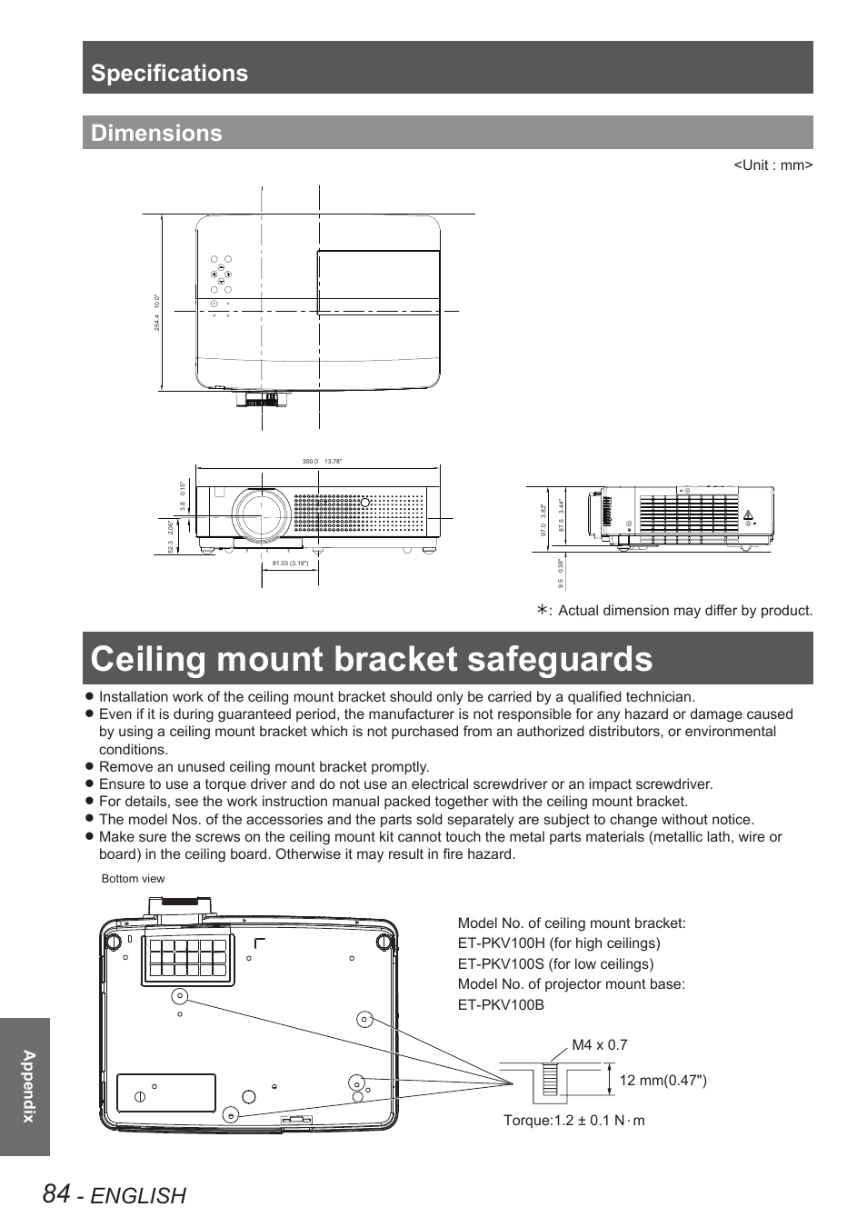 Dimensions, Ceiling mount bracket safeguards, Specifications | English | Panasonic PT VX400NTU User Manual | Page 84 / 86