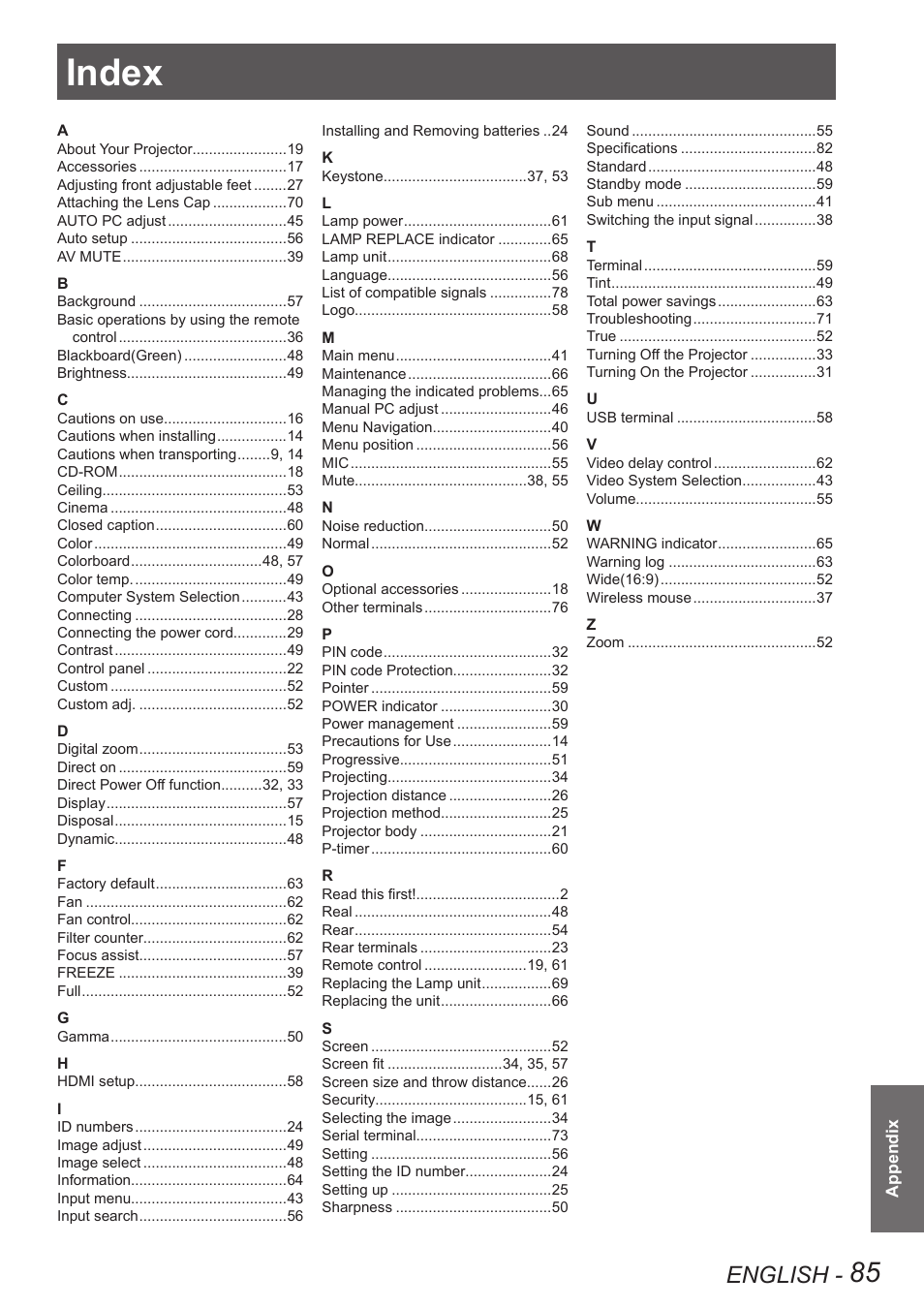 Index, English | Panasonic PT VX400NTU User Manual | Page 85 / 86