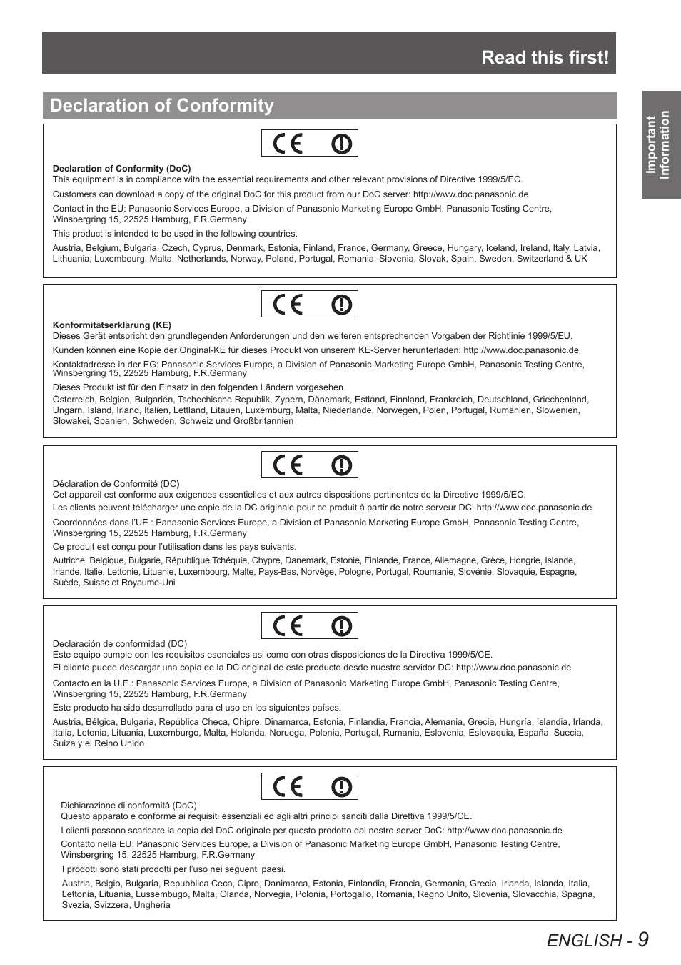 Declaration of conformity, Read this first, Important safety notice | English, Nglish | Panasonic PT VX400NTU User Manual | Page 9 / 86