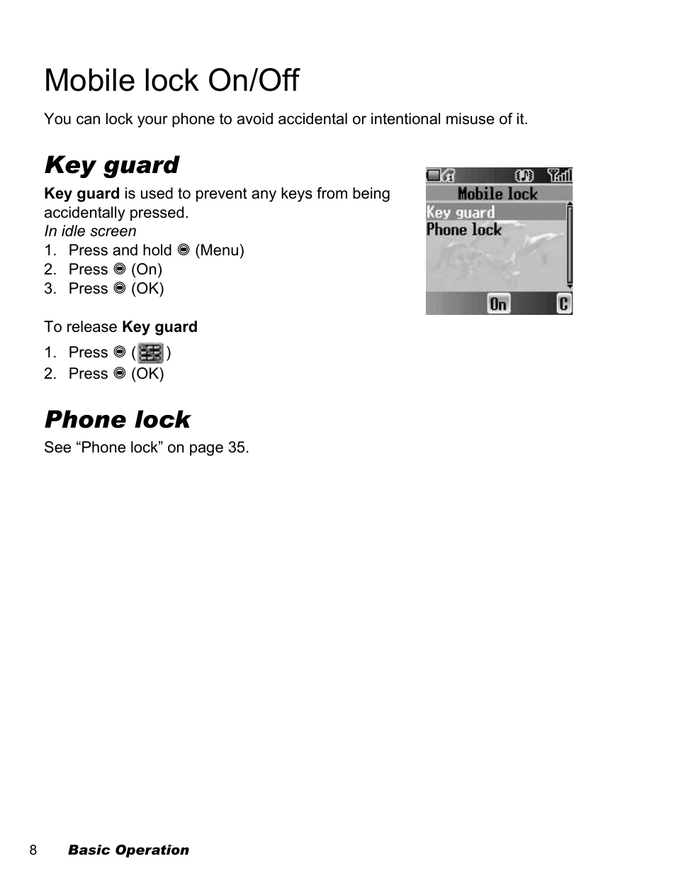 Mobile lock on/off, Key guard, Phone lock | Panasonic EB-A200 User Manual | Page 10 / 101