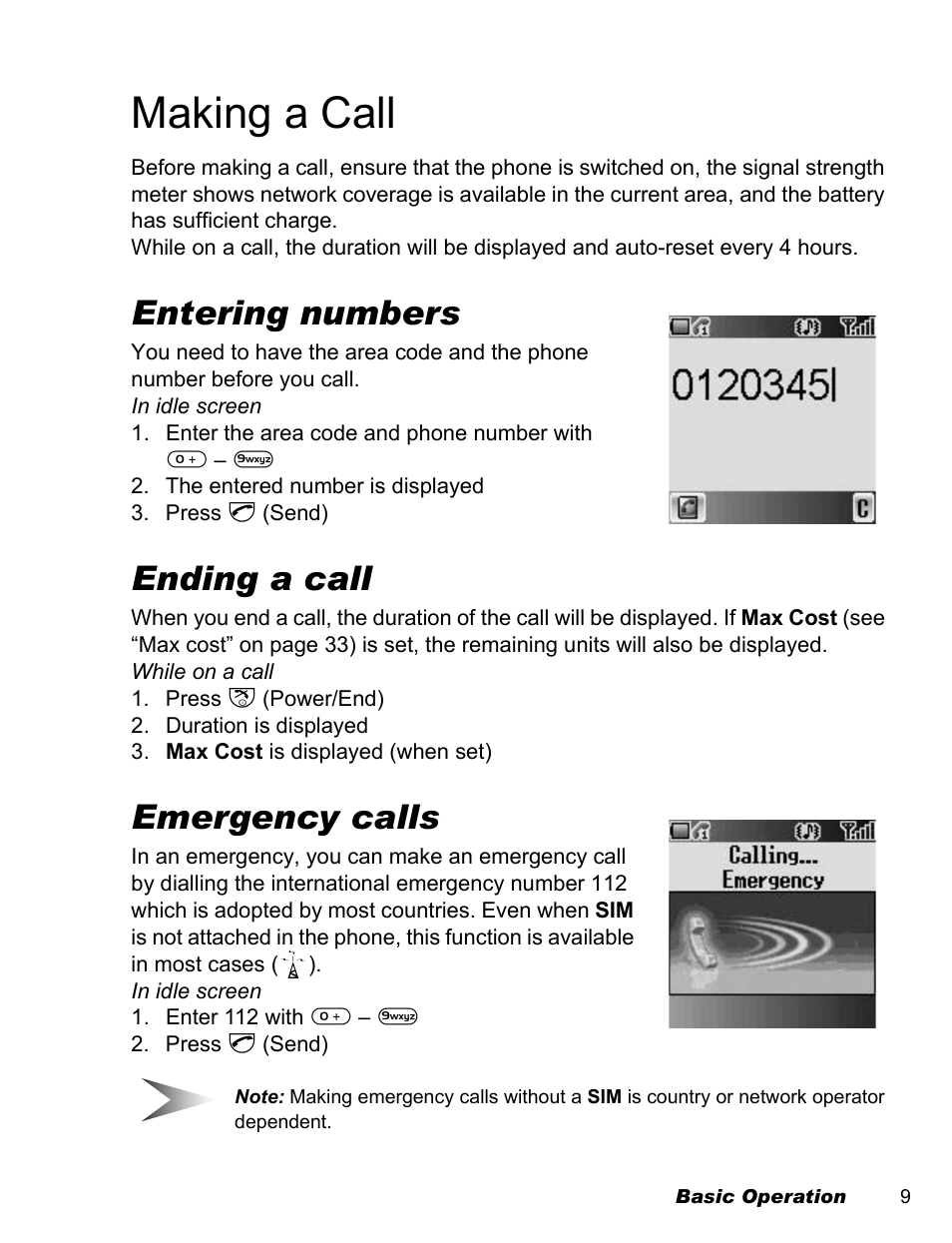 Making a call, Entering numbers, Ending a call | Emergency calls | Panasonic EB-A200 User Manual | Page 11 / 101