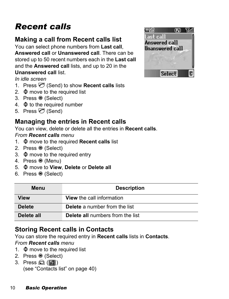 Recent calls, Making a call from recent calls list, Managing the entries in recent calls | Storing recent calls in contacts | Panasonic EB-A200 User Manual | Page 12 / 101