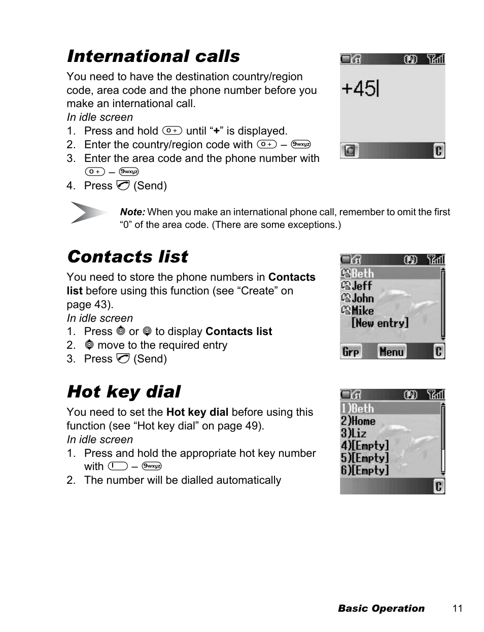 International calls, Contacts list, Hot key dial | Panasonic EB-A200 User Manual | Page 13 / 101