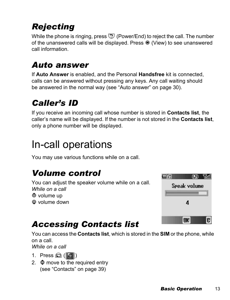 In-call operations, Rejecting, Auto answer | Caller’s id, Volume control, Accessing contacts list | Panasonic EB-A200 User Manual | Page 15 / 101