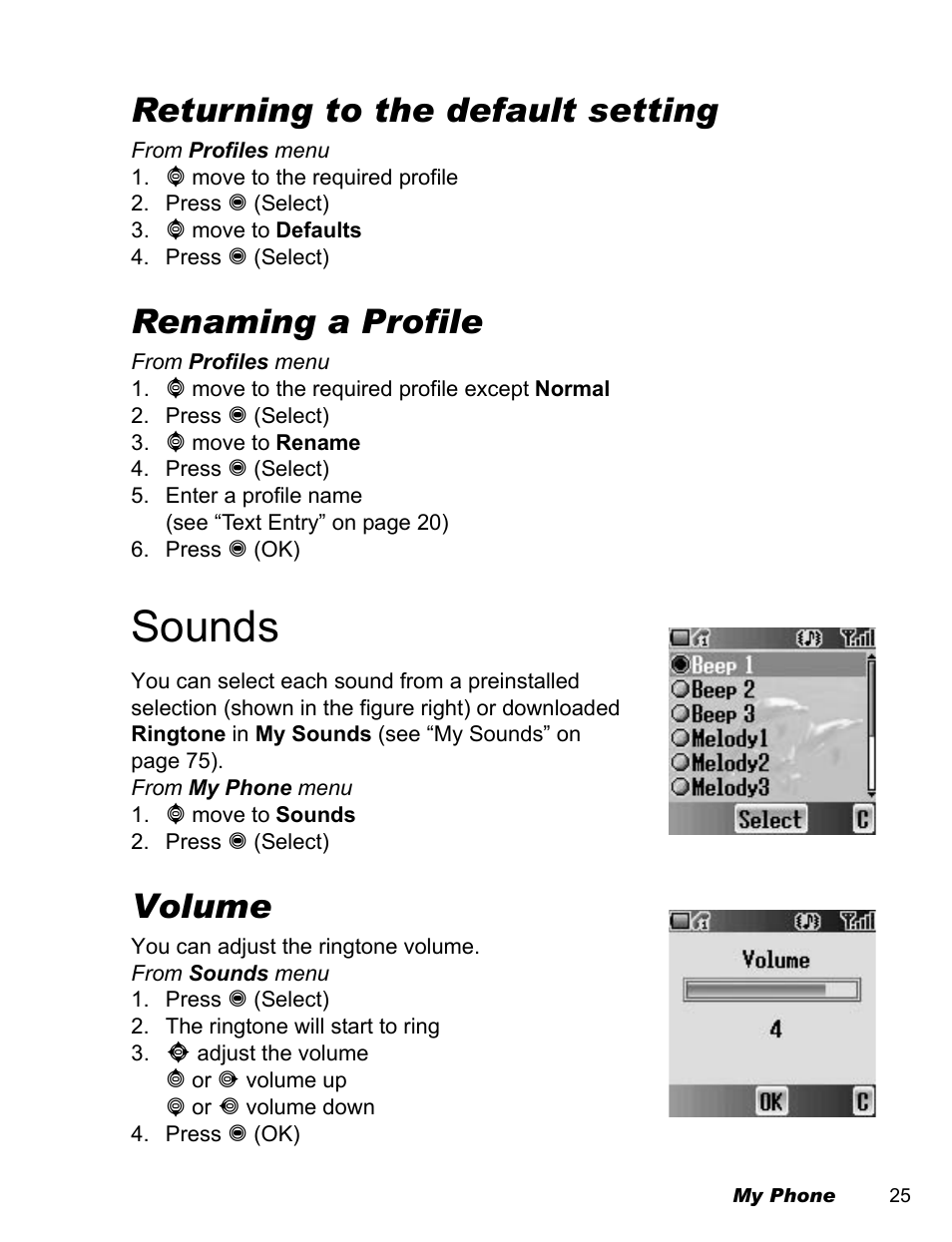 Sounds, Returning to the default setting, Renaming a profile | Volume | Panasonic EB-A200 User Manual | Page 27 / 101