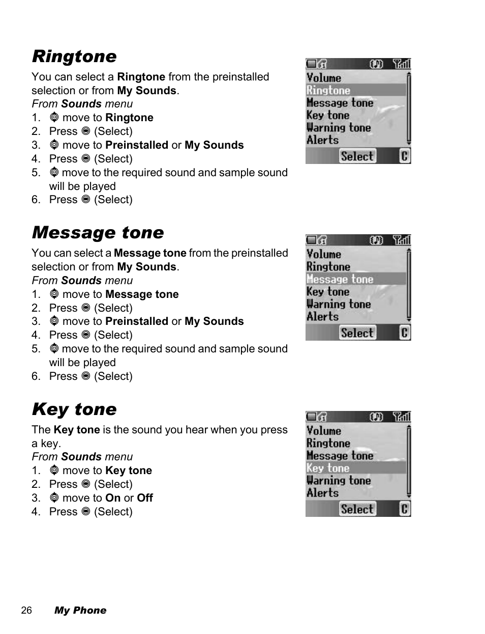 Ringtone, Message tone, Key tone | Panasonic EB-A200 User Manual | Page 28 / 101