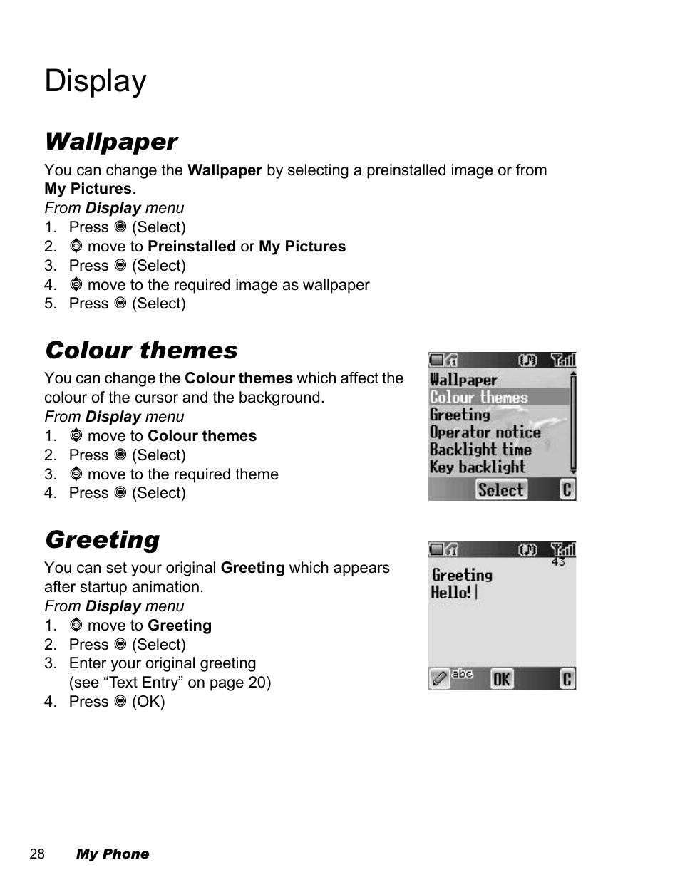 Display, Wallpaper, Colour themes | Greeting | Panasonic EB-A200 User Manual | Page 30 / 101