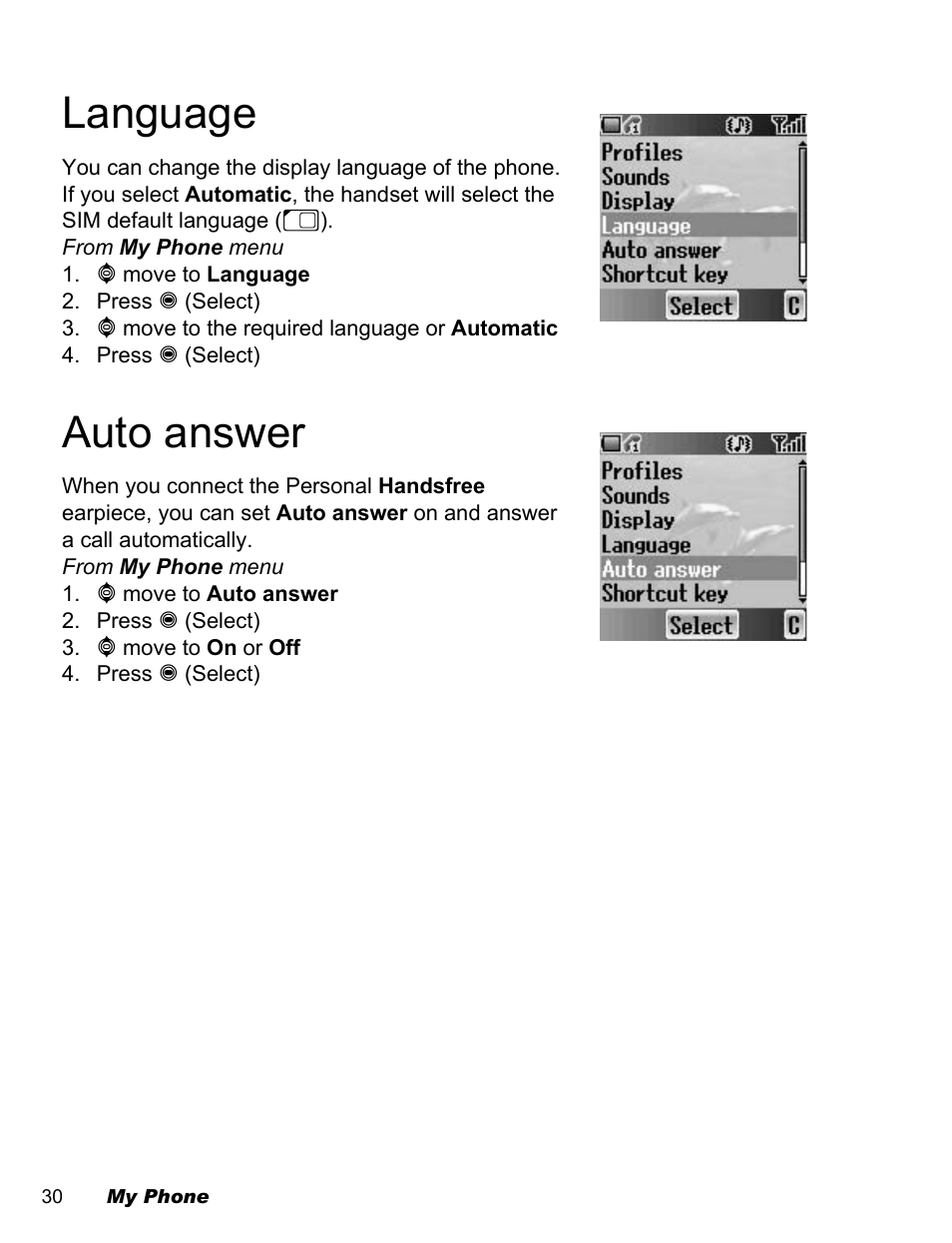 Language, Auto answer | Panasonic EB-A200 User Manual | Page 32 / 101