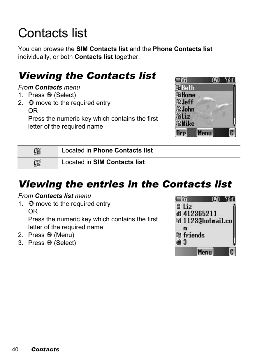 Contacts list, Viewing the contacts list, Viewing the entries in the contacts list | Panasonic EB-A200 User Manual | Page 42 / 101