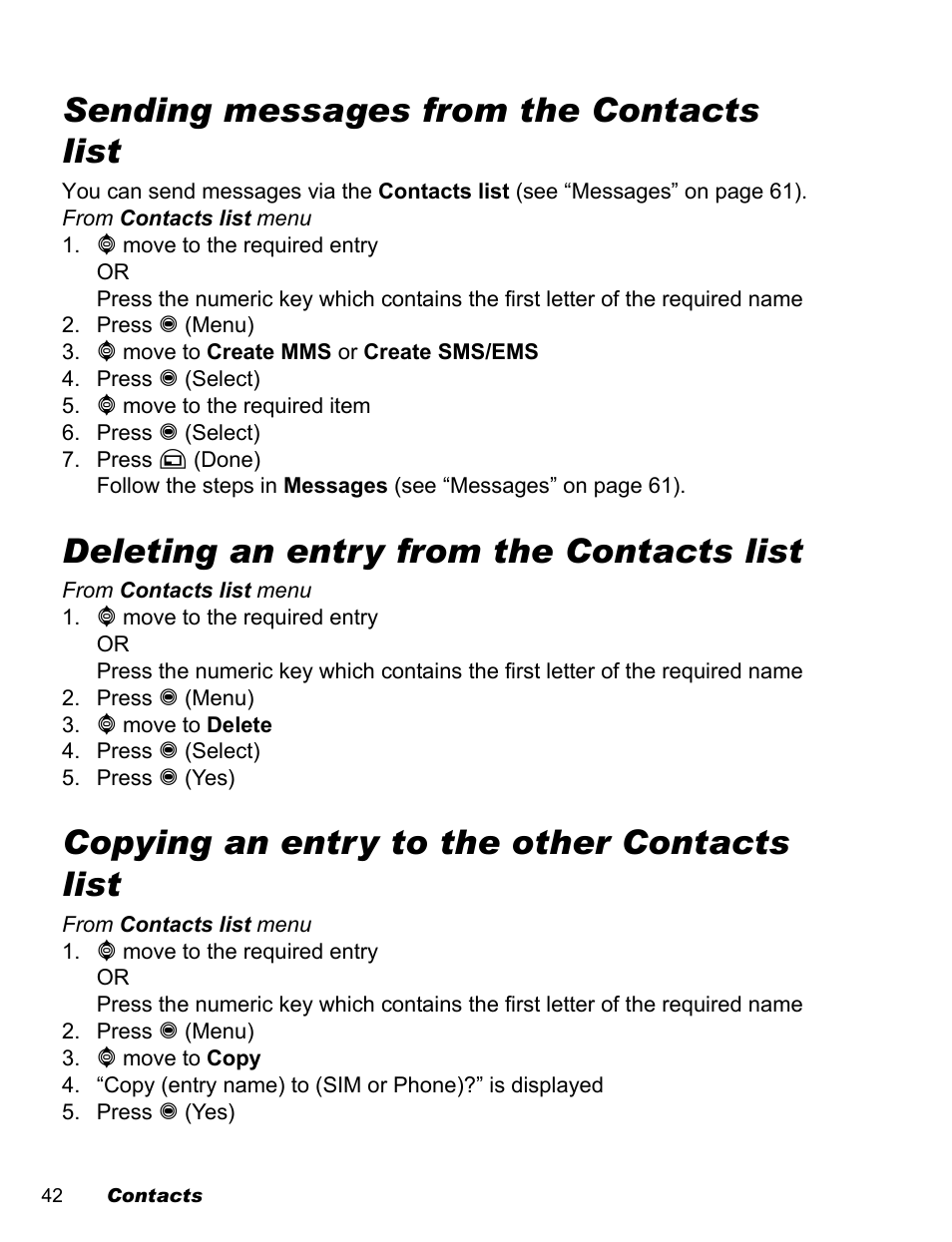 Sending messages from the contacts list, Deleting an entry from the contacts list, Copying an entry to the other contacts list | Panasonic EB-A200 User Manual | Page 44 / 101