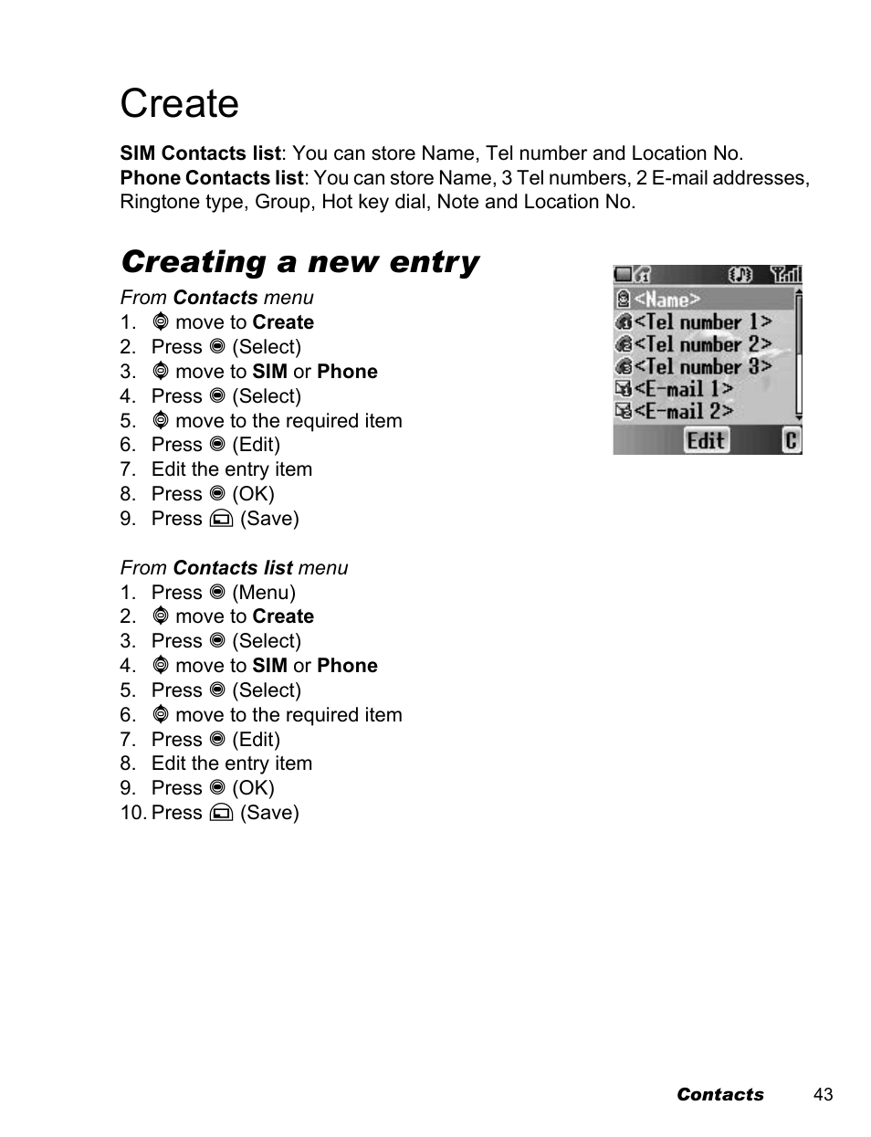 Create, Creating a new entry | Panasonic EB-A200 User Manual | Page 45 / 101