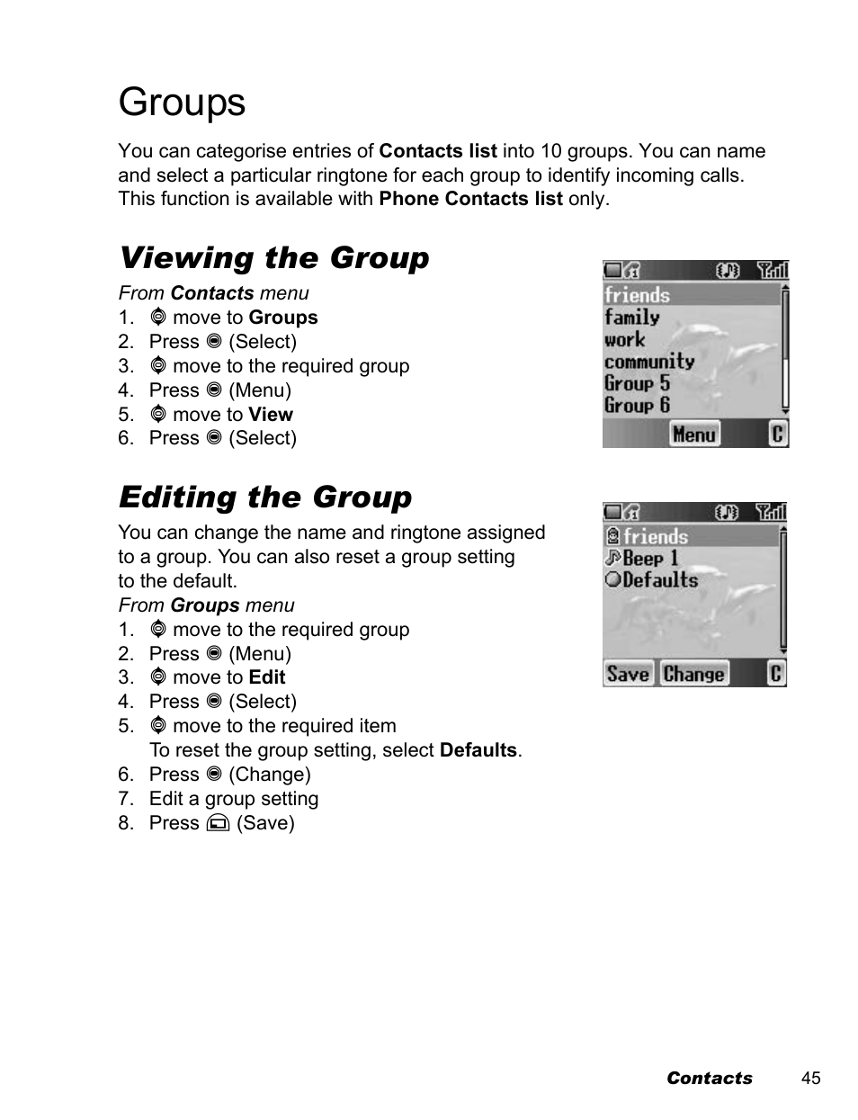 Groups, Viewing the group, Editing the group | Panasonic EB-A200 User Manual | Page 47 / 101
