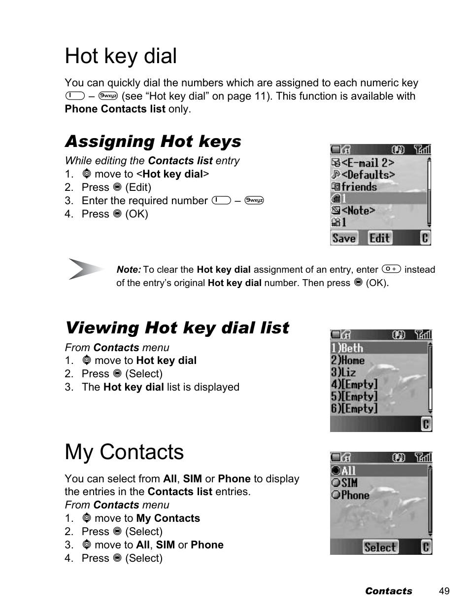 Hot key dial, My contacts, Assigning hot keys | Viewing hot key dial list | Panasonic EB-A200 User Manual | Page 51 / 101