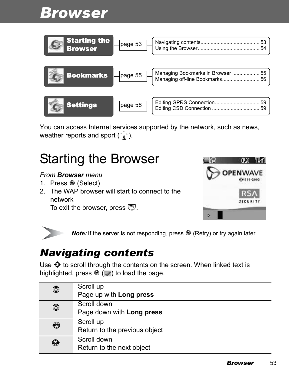 Browser, Starting the browser, Navigating contents | Panasonic EB-A200 User Manual | Page 55 / 101