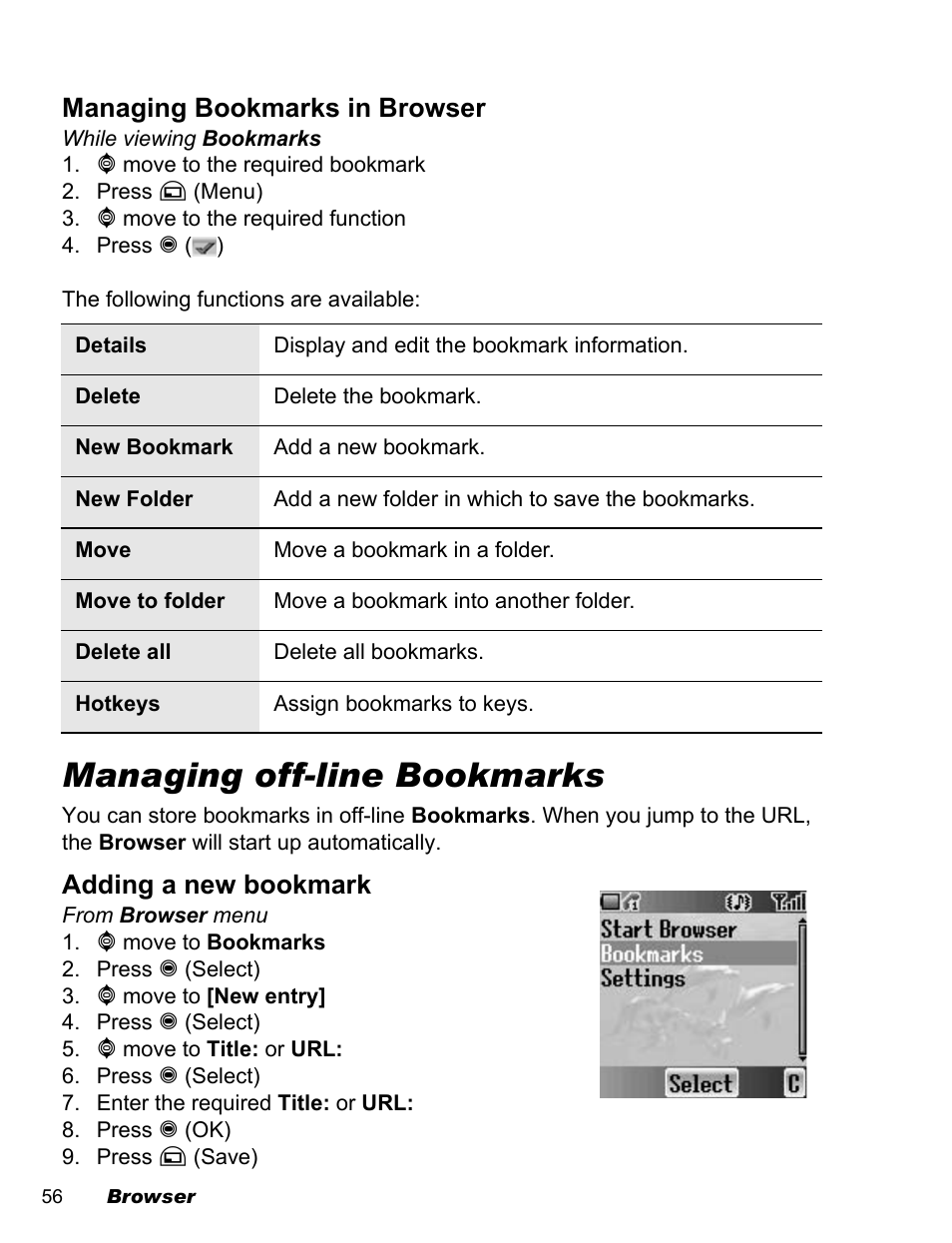 Managing off-line bookmarks, Managing bookmarks in browser, Adding a new bookmark | Panasonic EB-A200 User Manual | Page 58 / 101