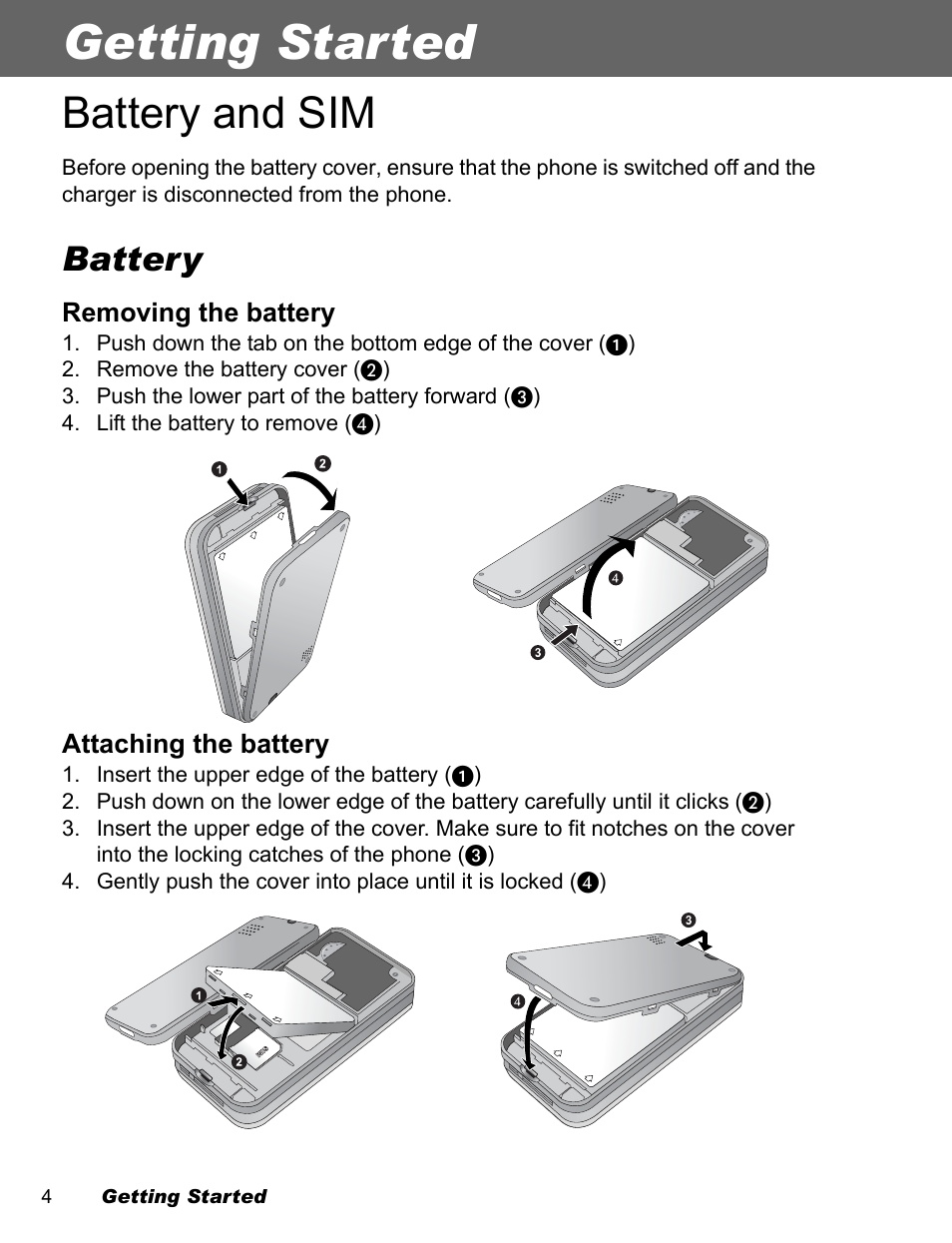 Getting started, Battery and sim, Battery | Panasonic EB-A200 User Manual | Page 6 / 101