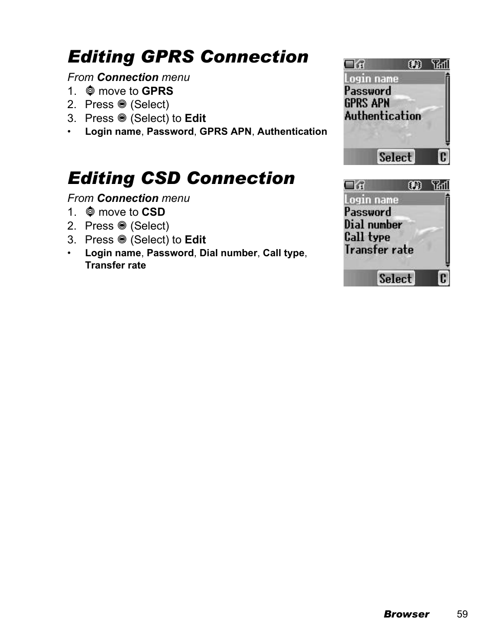 Editing gprs connection, Editing csd connection | Panasonic EB-A200 User Manual | Page 61 / 101