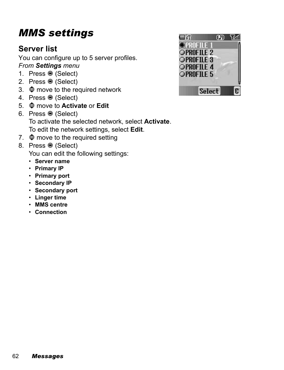 Mms settings, Server list | Panasonic EB-A200 User Manual | Page 64 / 101