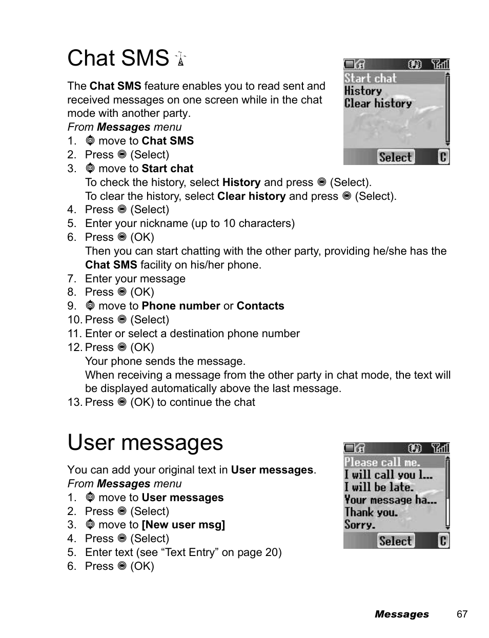 Chat sms, User messages | Panasonic EB-A200 User Manual | Page 69 / 101