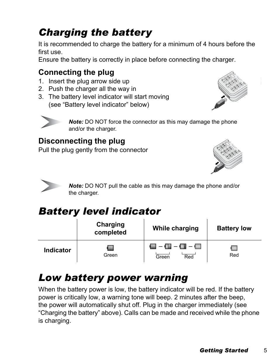 Charging the battery, Battery level indicator low battery power warning, Connecting the plug | Disconnecting the plug | Panasonic EB-A200 User Manual | Page 7 / 101