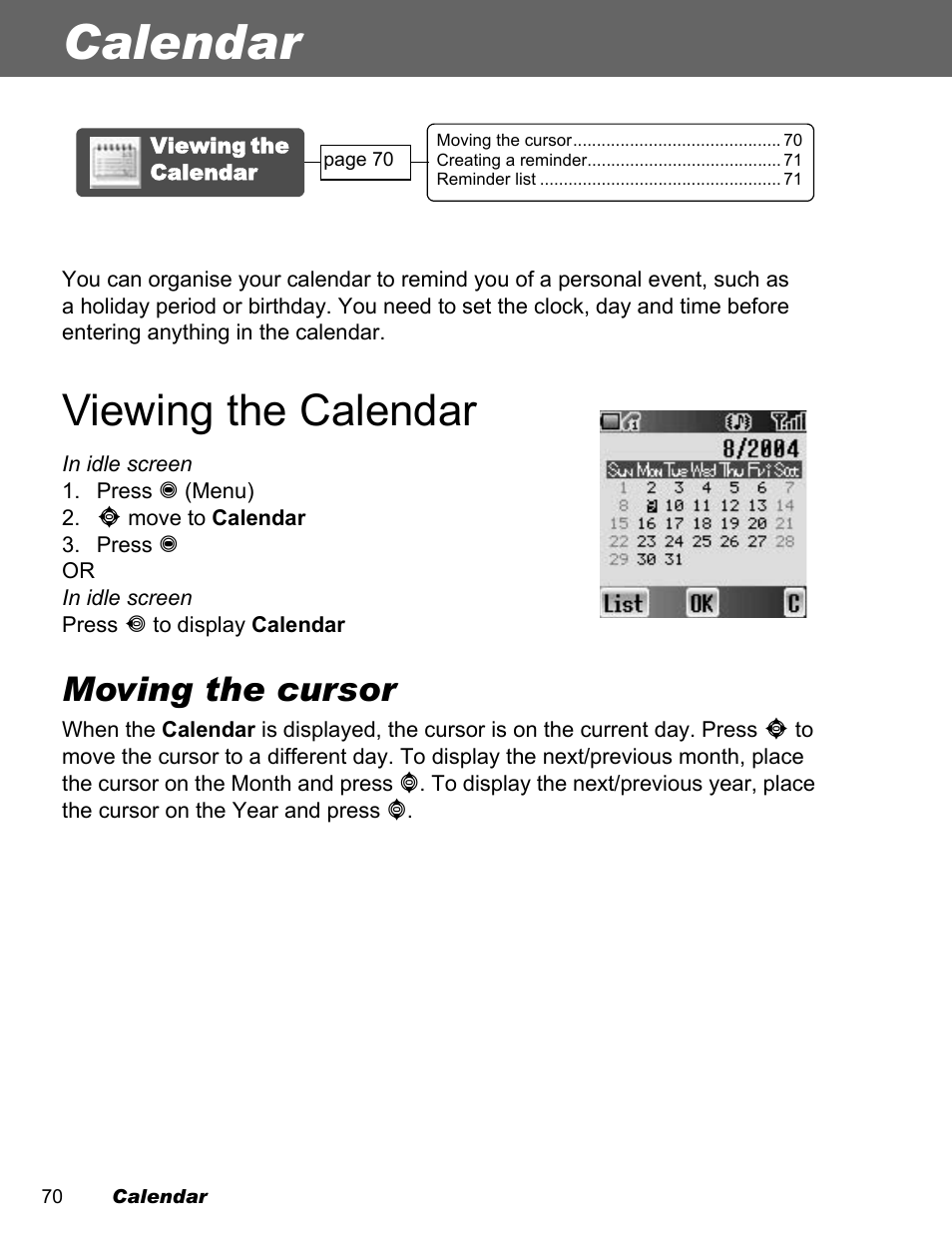 Calendar, Viewing the calendar, Moving the cursor | Panasonic EB-A200 User Manual | Page 72 / 101