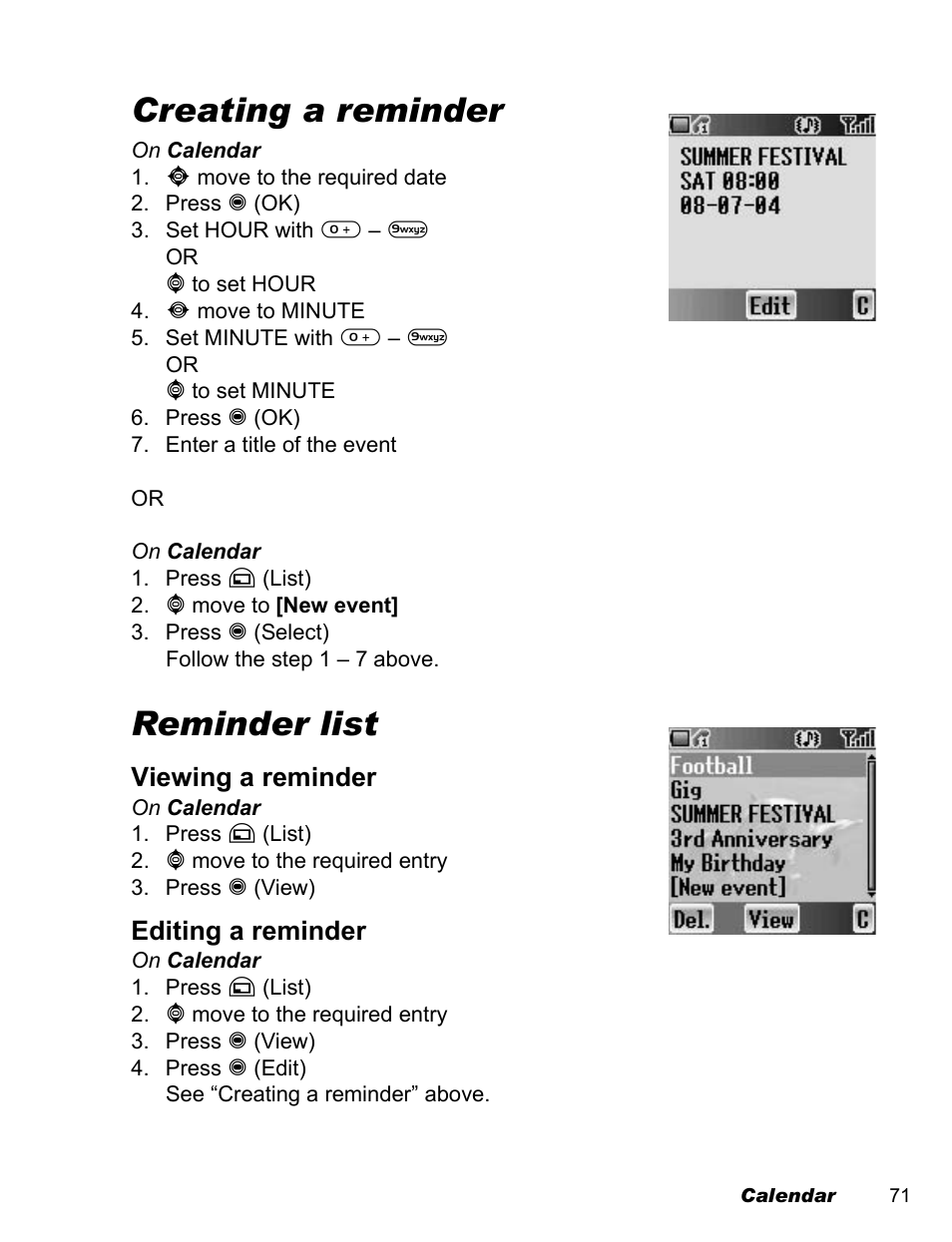 Creating a reminder, Reminder list | Panasonic EB-A200 User Manual | Page 73 / 101