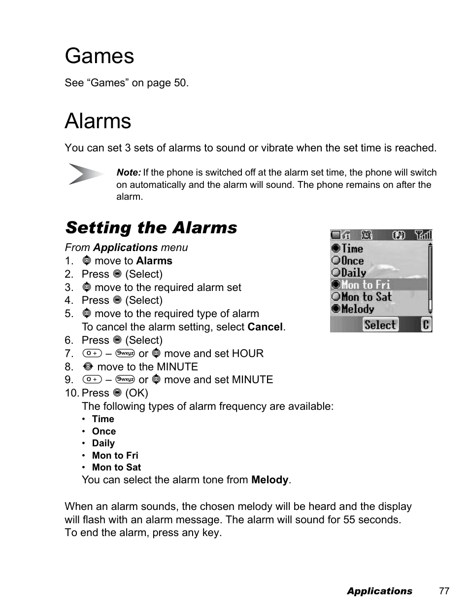 Games, Alarms, Setting the alarms | Panasonic EB-A200 User Manual | Page 79 / 101