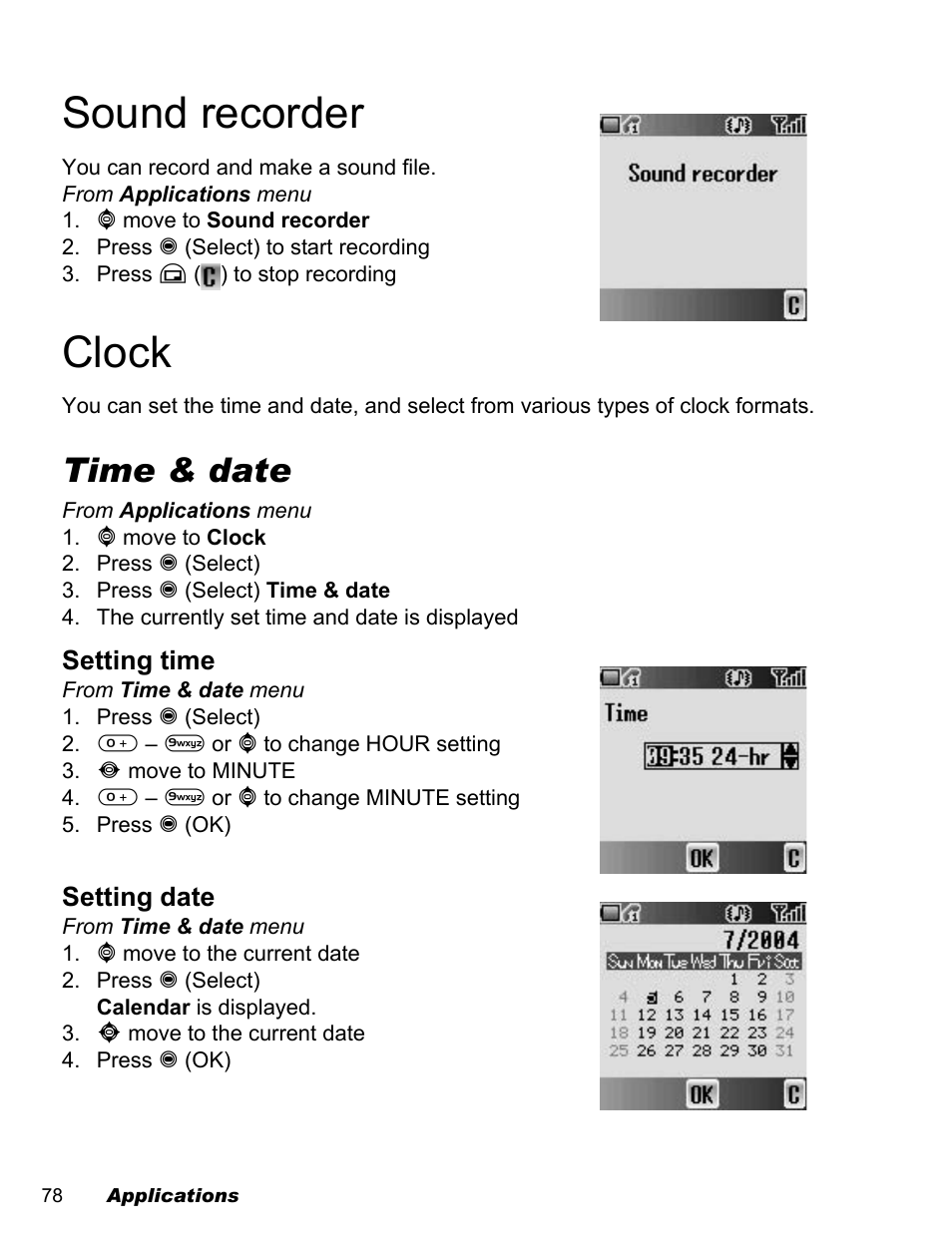 Sound recorder, Clock, Time & date | Panasonic EB-A200 User Manual | Page 80 / 101
