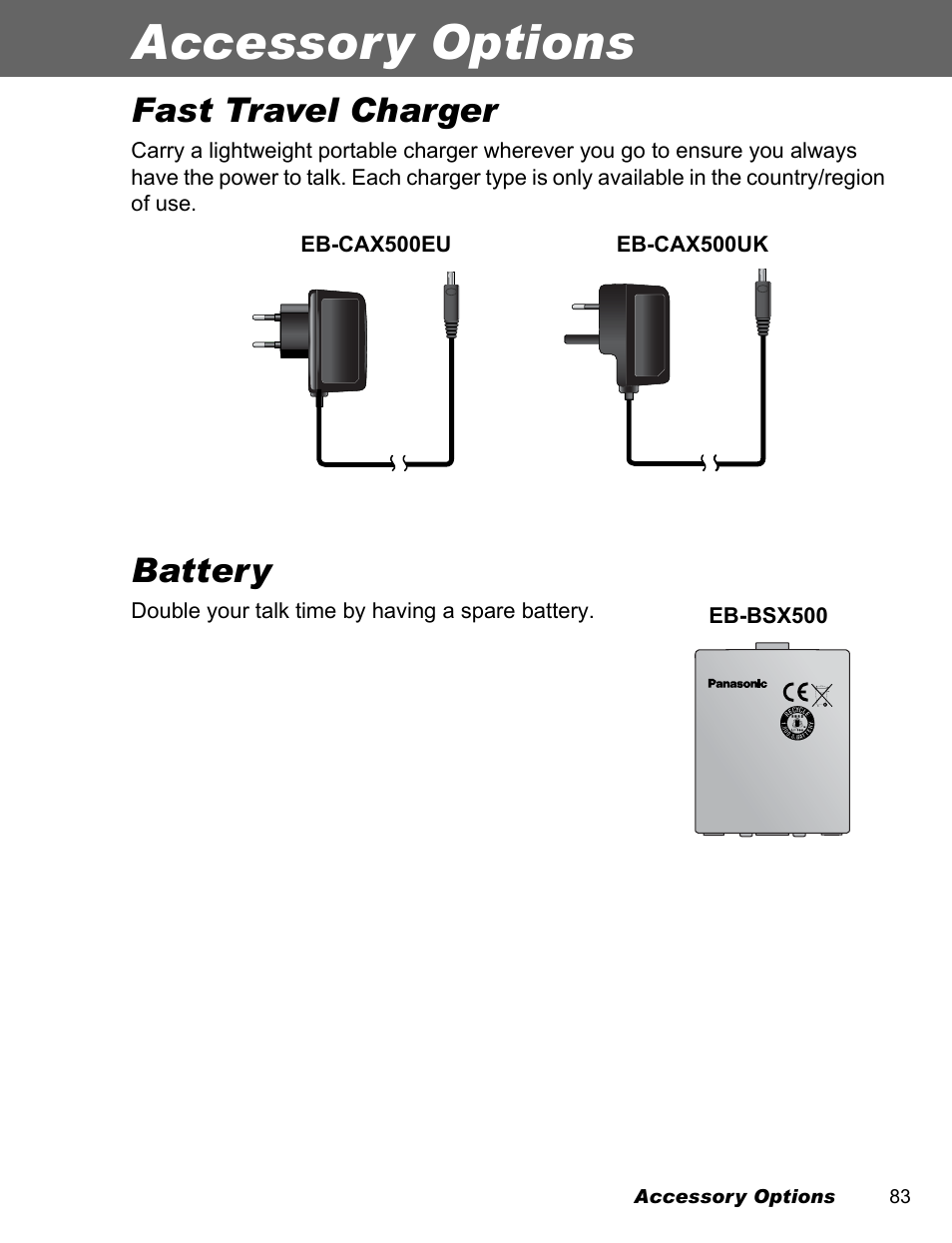Accessory options, Fast travel charger, Battery | Panasonic EB-A200 User Manual | Page 85 / 101