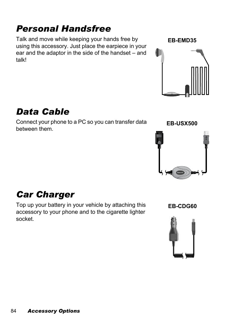 Personal handsfree, Data cable, Car charger | Panasonic EB-A200 User Manual | Page 86 / 101