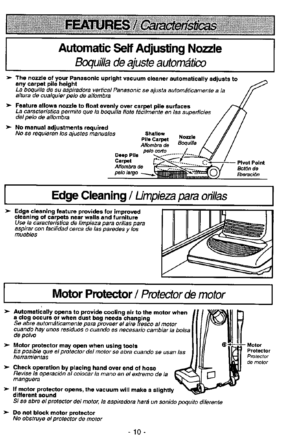 Features / c^amct&fsücas, Automatic self adjusting nozzle, Edge cleaning | Motor protector, Boquilla de ajuste automático, Limpieza para orillas, Protector de motor | Panasonic MC-V5726 User Manual | Page 10 / 24