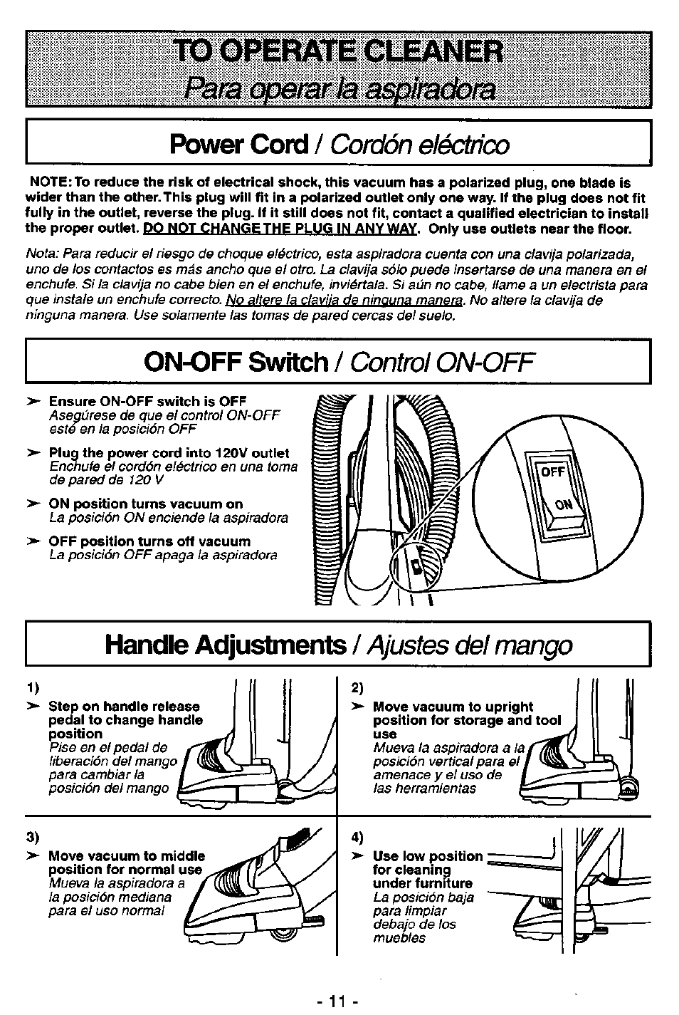 To operate cleaner, Power cord, On-off switch | Handle adjustments, Cordón eléctrico, Control on-off, Ajustes del mango | Panasonic MC-V5726 User Manual | Page 11 / 24