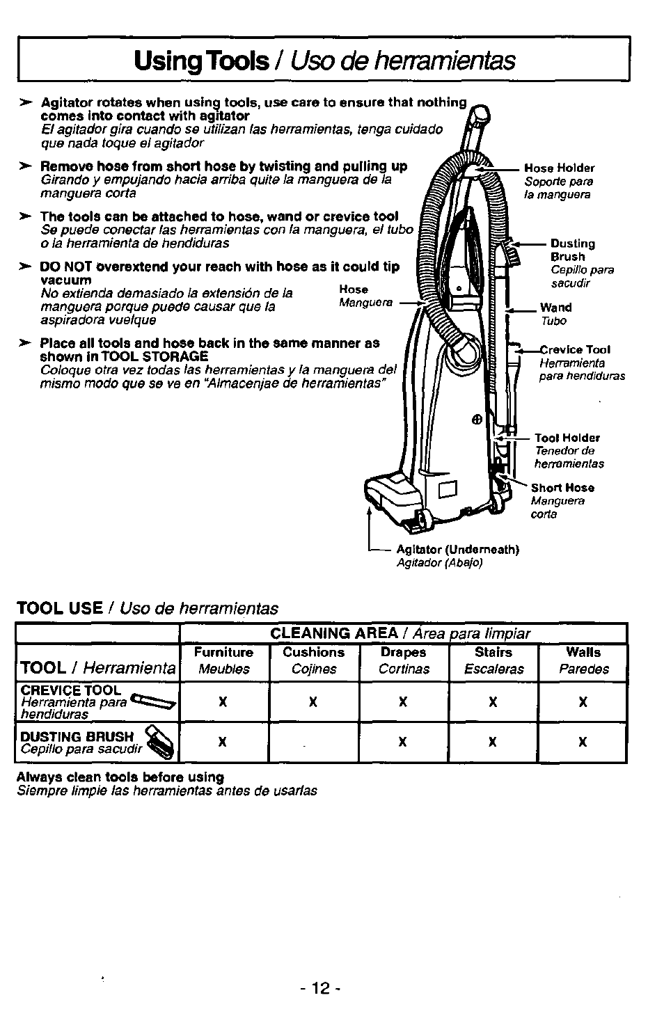 Using tools, Uso de herramientas, Herramienta | Panasonic MC-V5726 User Manual | Page 12 / 24