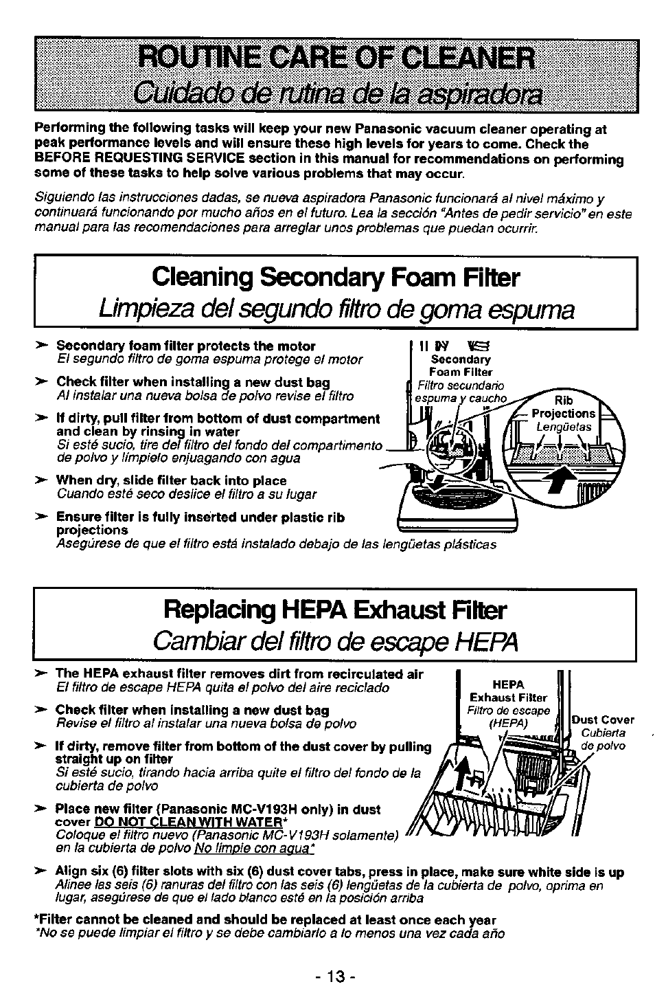 Cleaning secondary foam filter, Replacing hepa exhaust rher, Limpieza de! segundo filtro de goma espuma | Cambiar del filtro de escape hepa | Panasonic MC-V5726 User Manual | Page 13 / 24