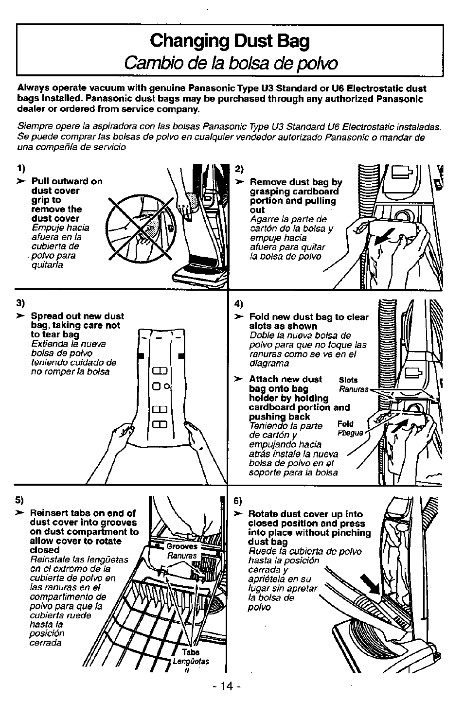 Changing dust bag, Cambio de la bolsa de polvo | Panasonic MC-V5726 User Manual | Page 14 / 24